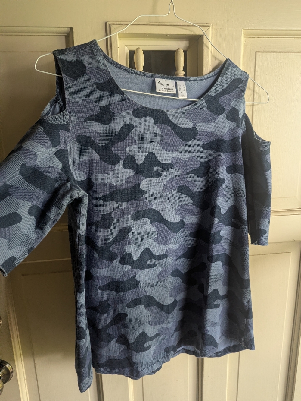 Cold Shoulder Camo Knit Top - Blue Camouflage